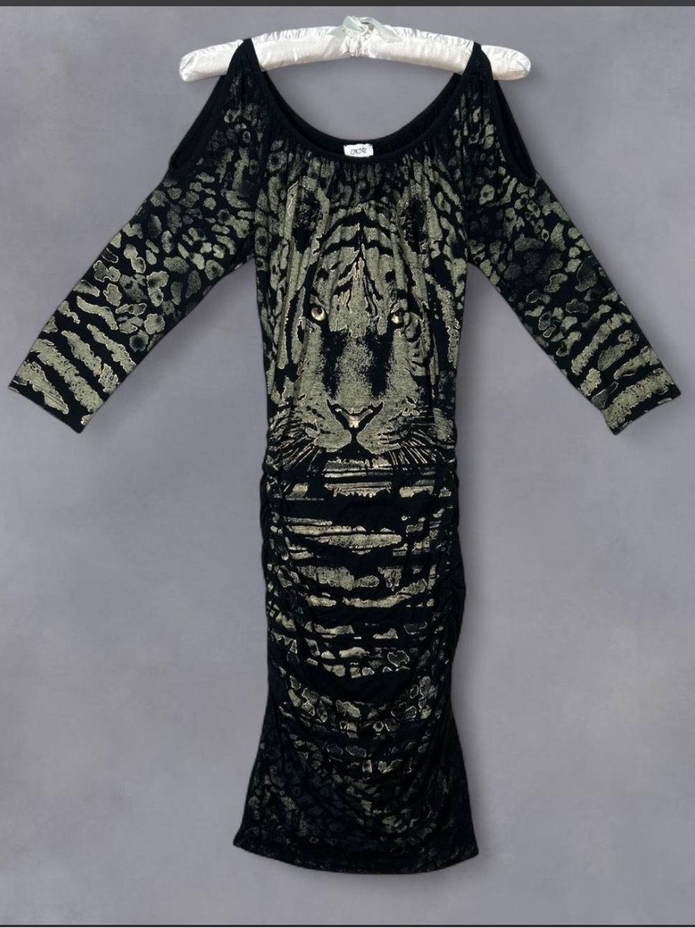 Y2K Cache tiger print metallic ruched body con cold shoulder dress Sz XS